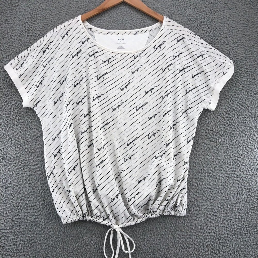Maeve Anthropologie Womens Large White Graphic Bonjour Cinched Waist Shirt